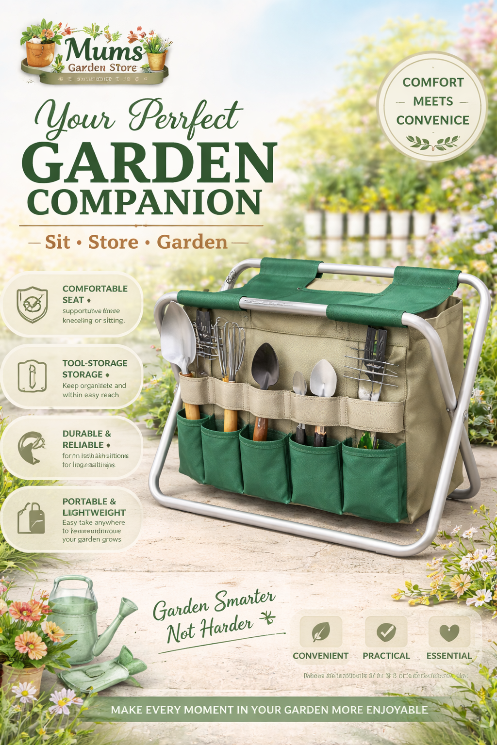 Gardening stool with tote bag. Garden tool set with foldable chair