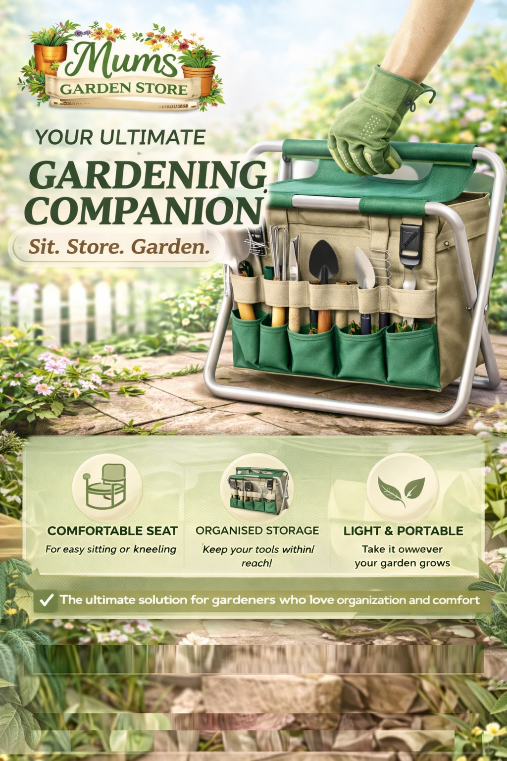 Gardening stool with tote bag. Garden tool set with foldable chair