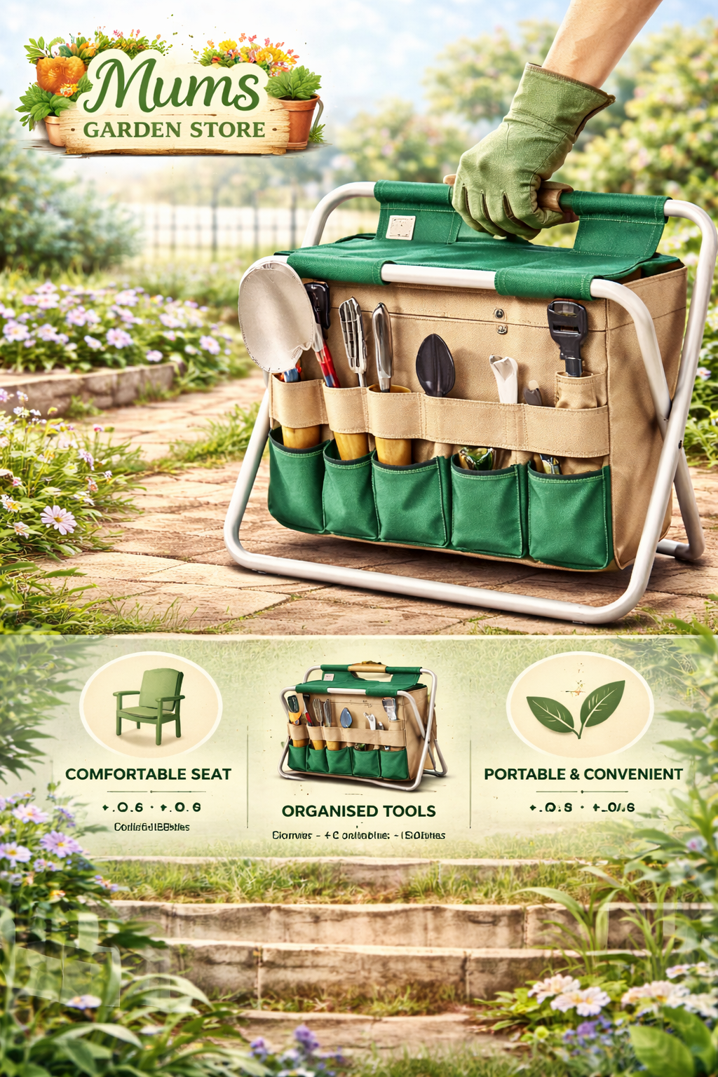 Gardening stool with tote bag. Garden tool set with foldable chair