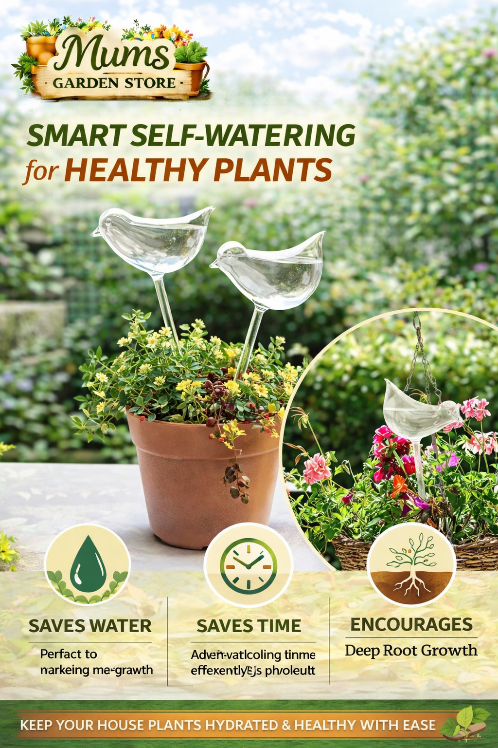 Self watering bird shape water device with a drip Irrigation system for home garden flower plants