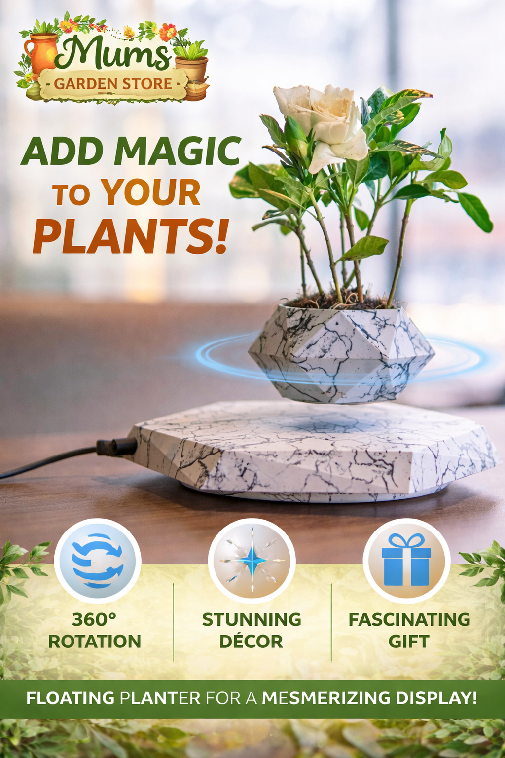 Levitating marble plant. Floating planter with magnetic levitation