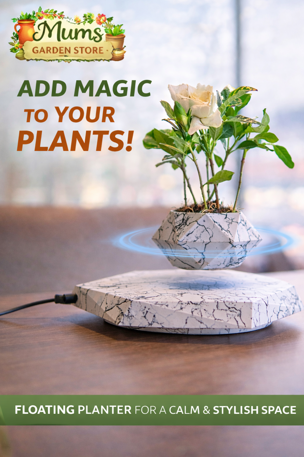 Levitating marble plant. Floating planter with magnetic levitation
